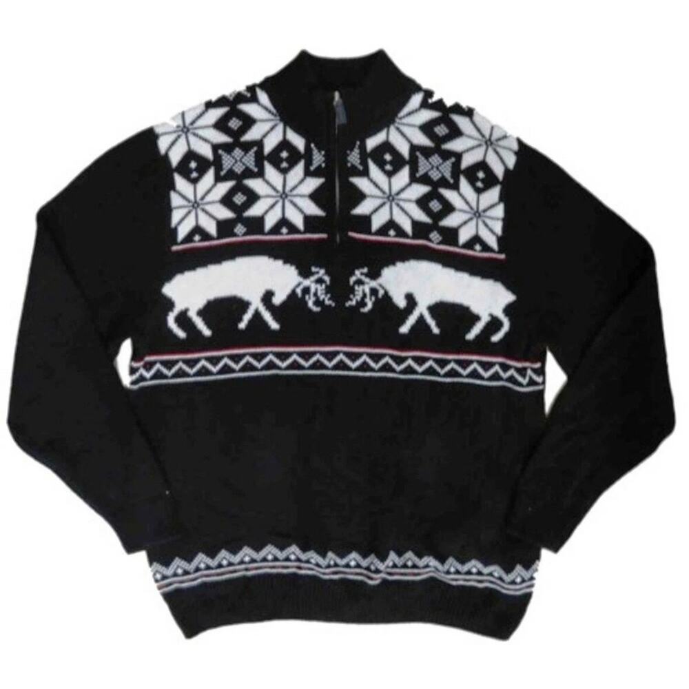 Chaps Mens Sweater Large Classic Fit Fair Isle Reindeer 1/4 Zip Nordic Sweater - Picture 2 of 13